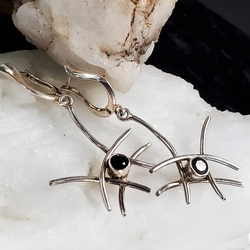Sterling Silver 925 Earrings Natural Black Onyx Abstract Designer Silversmith
